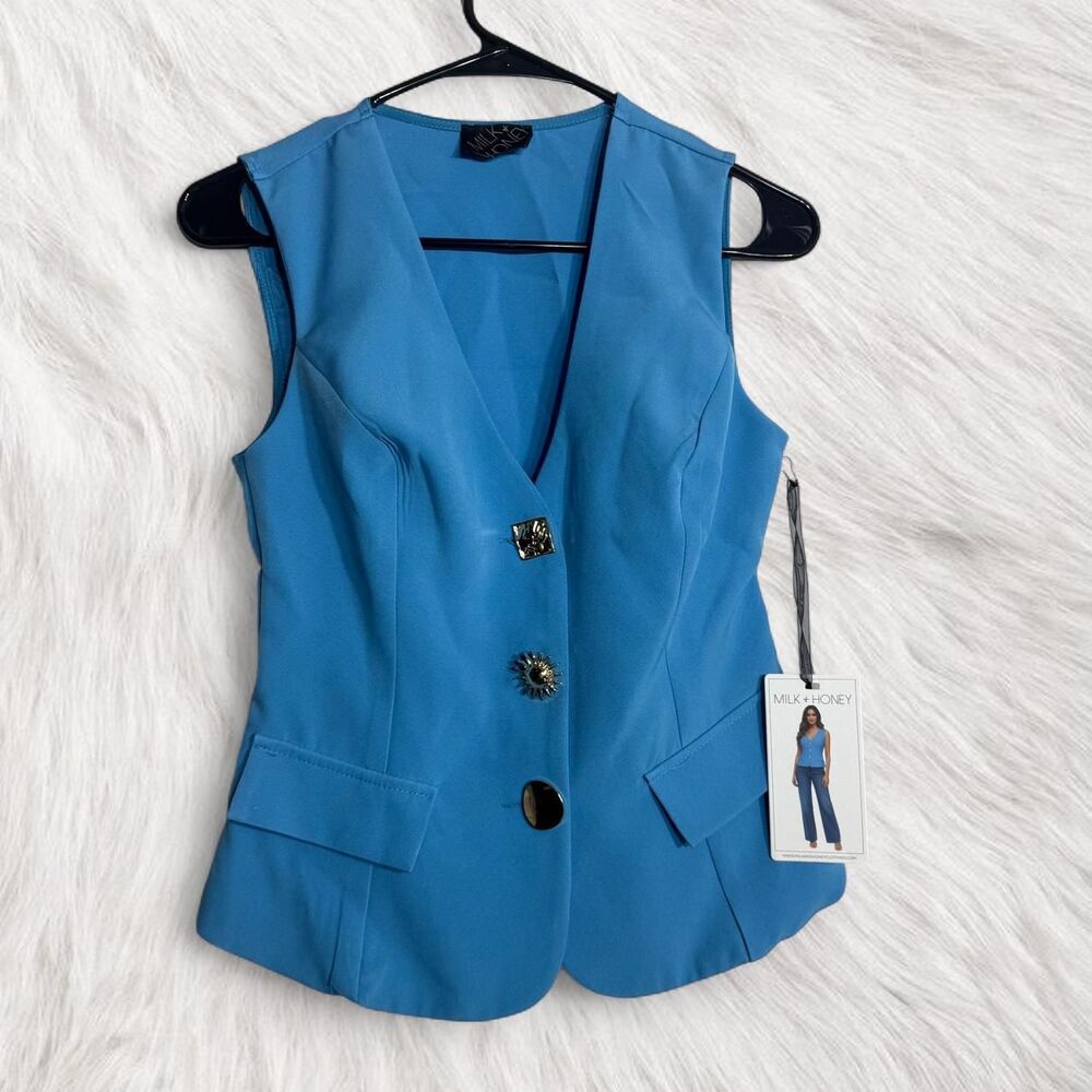 Milk & Honey Coquette Kennedy blue vest gold eccentric buttons Size XS Preppy